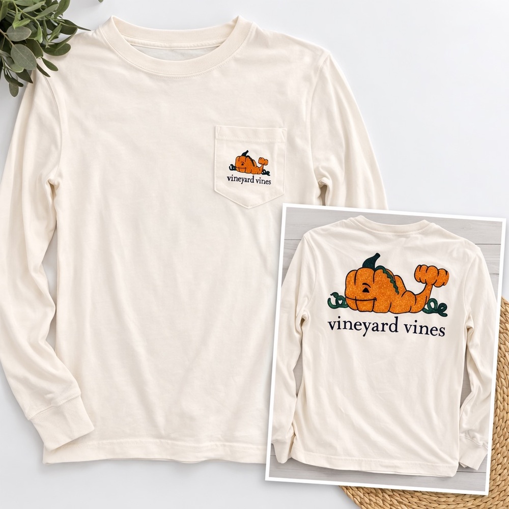 Vineyard Vines White Long Sleeve Glitter Pumpkin Halloween Pocket Tee M 10/12